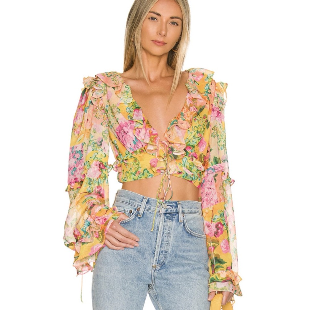 For Love and Lemon’s Nina Floral Lace Front Ruffle Cropped Blouse - Multi XXS